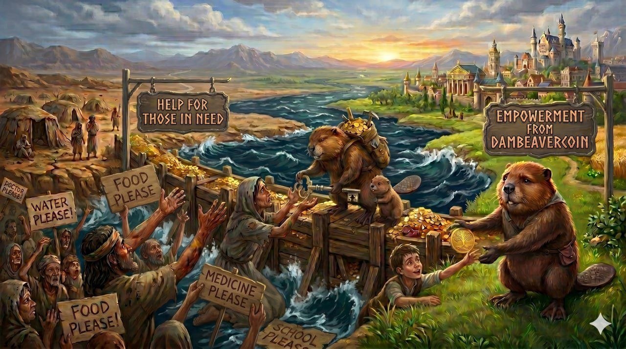 DamBeaver empowerment artwork — beavers distributing gold across a river to those in need